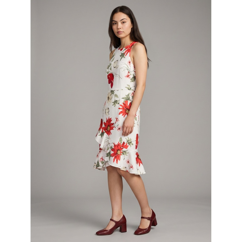 Antonio Melani Red Floral Ruffle Midi‎ Dress White Sleeveless Sheath Size 8